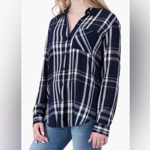 Lucky Brand Tops - Lucky Brand Navy Blue White Plaid Button Down Gauze Longsleeve Shirt LIKE NEW M